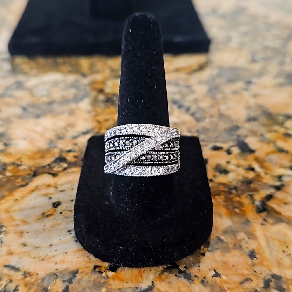 Sterling silver, marcasite, and cz Ken Craft crossover ring